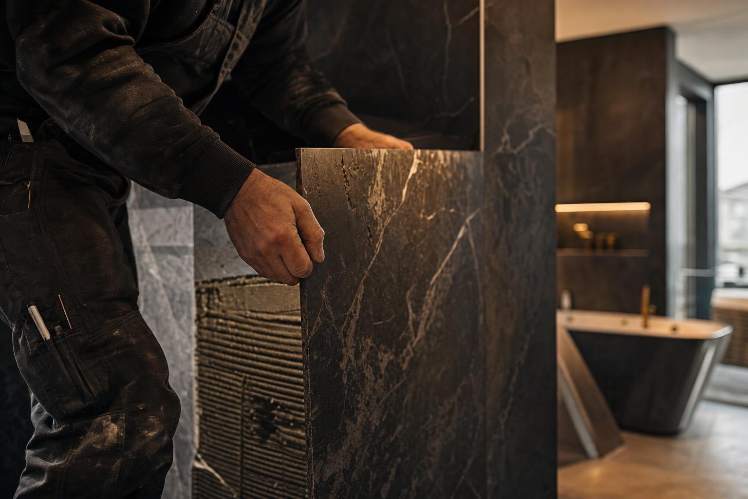 Fliesenleger bei der Detailarbeit