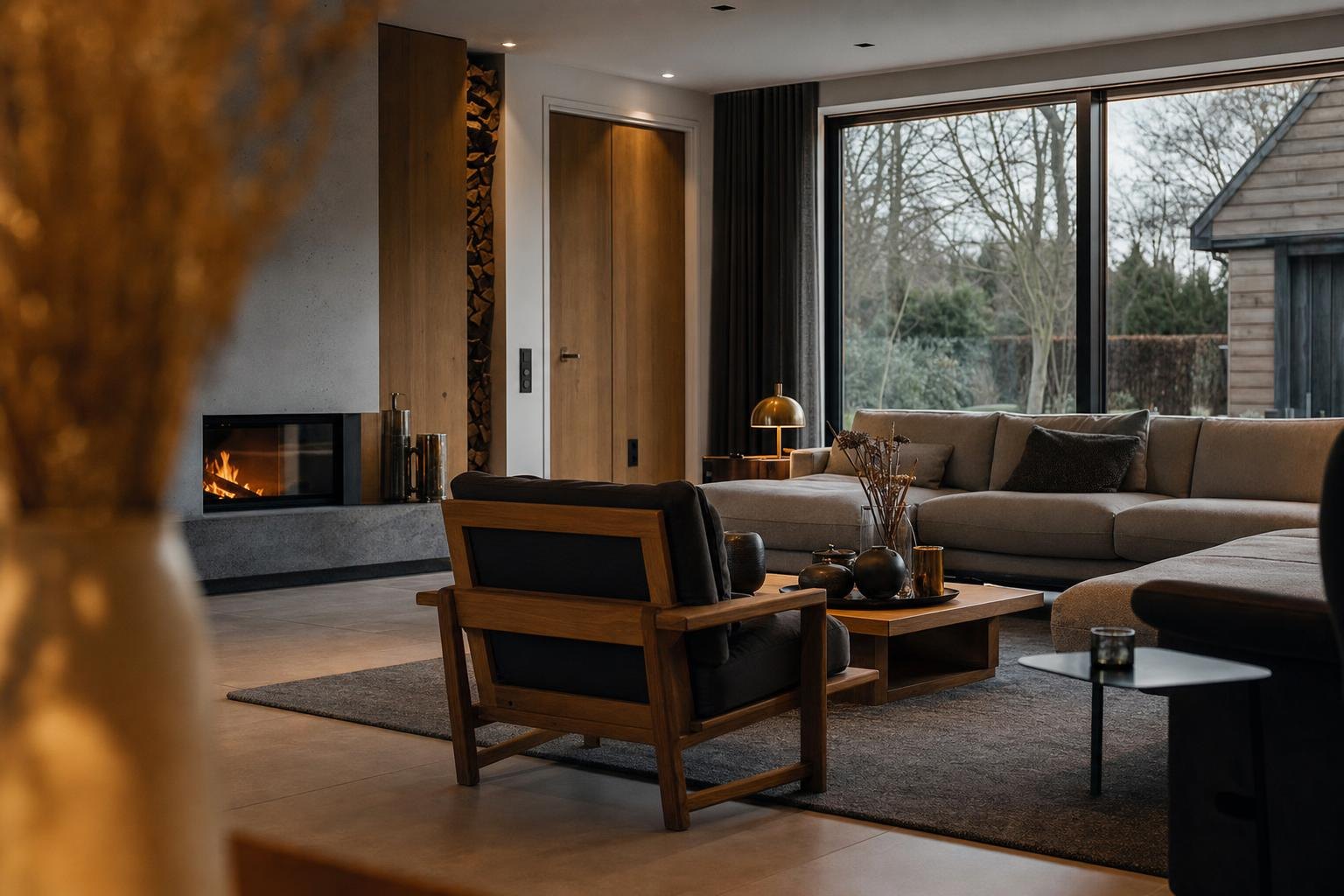 Wohnraum mit Kamin nach der Sanierung