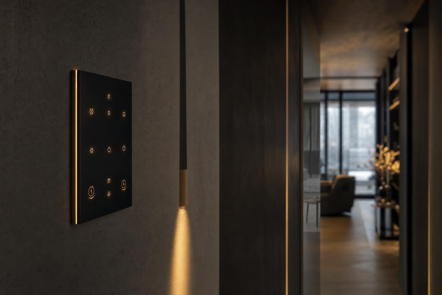 Smarthome-Bedienpanel an der Wand mit warmer Beleuchtung