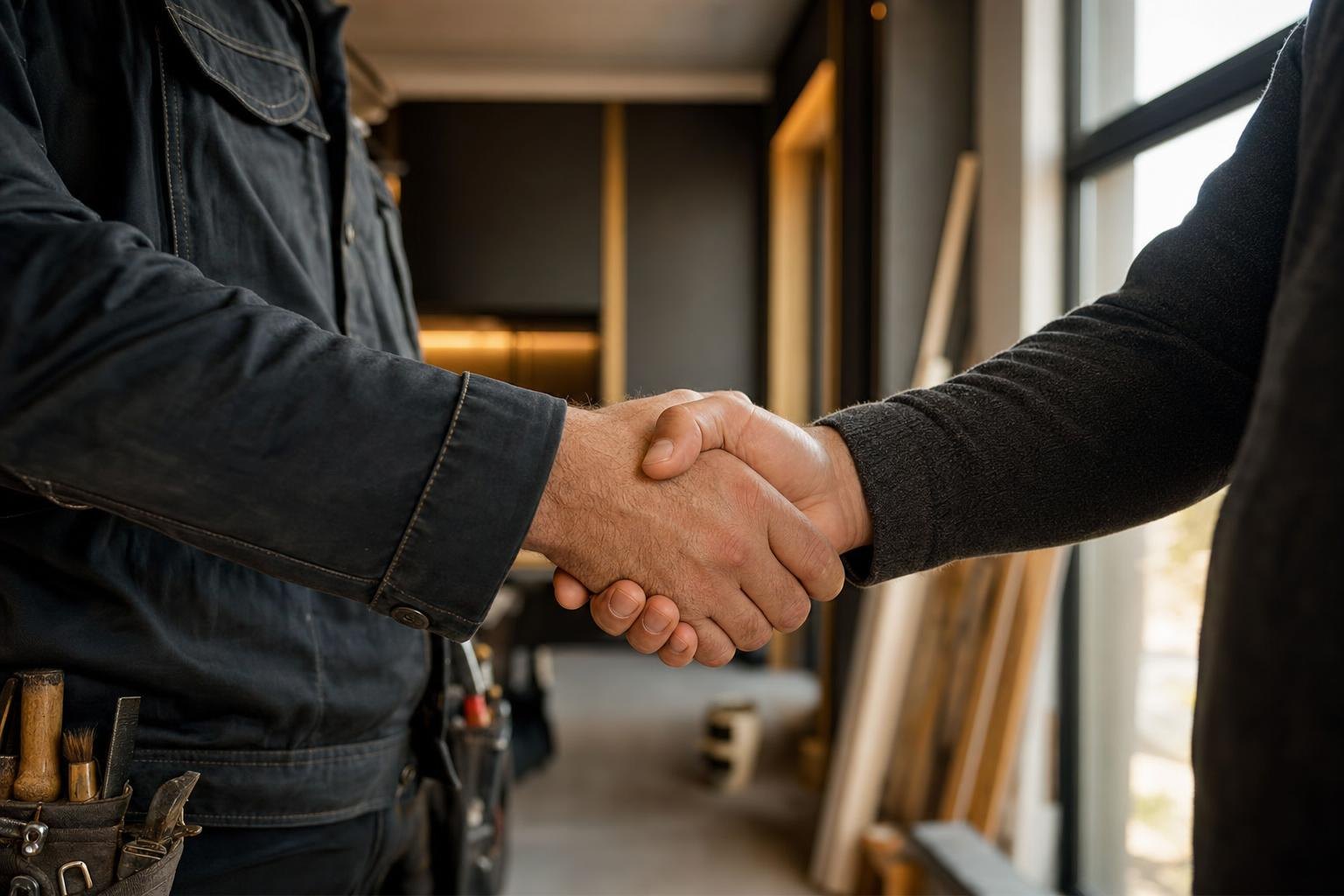 Handschlag zwischen Handwerker und Kunde auf der Baustelle