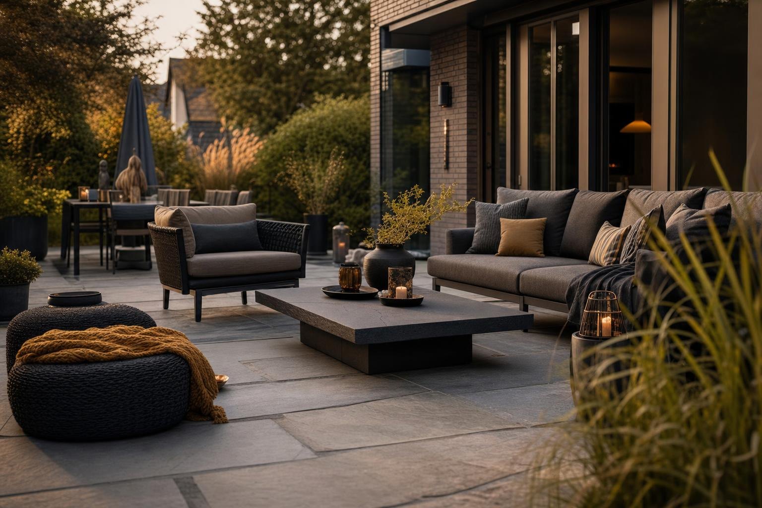 Moderne Terrasse mit Natursteinplatten und Lounge-Möbeln