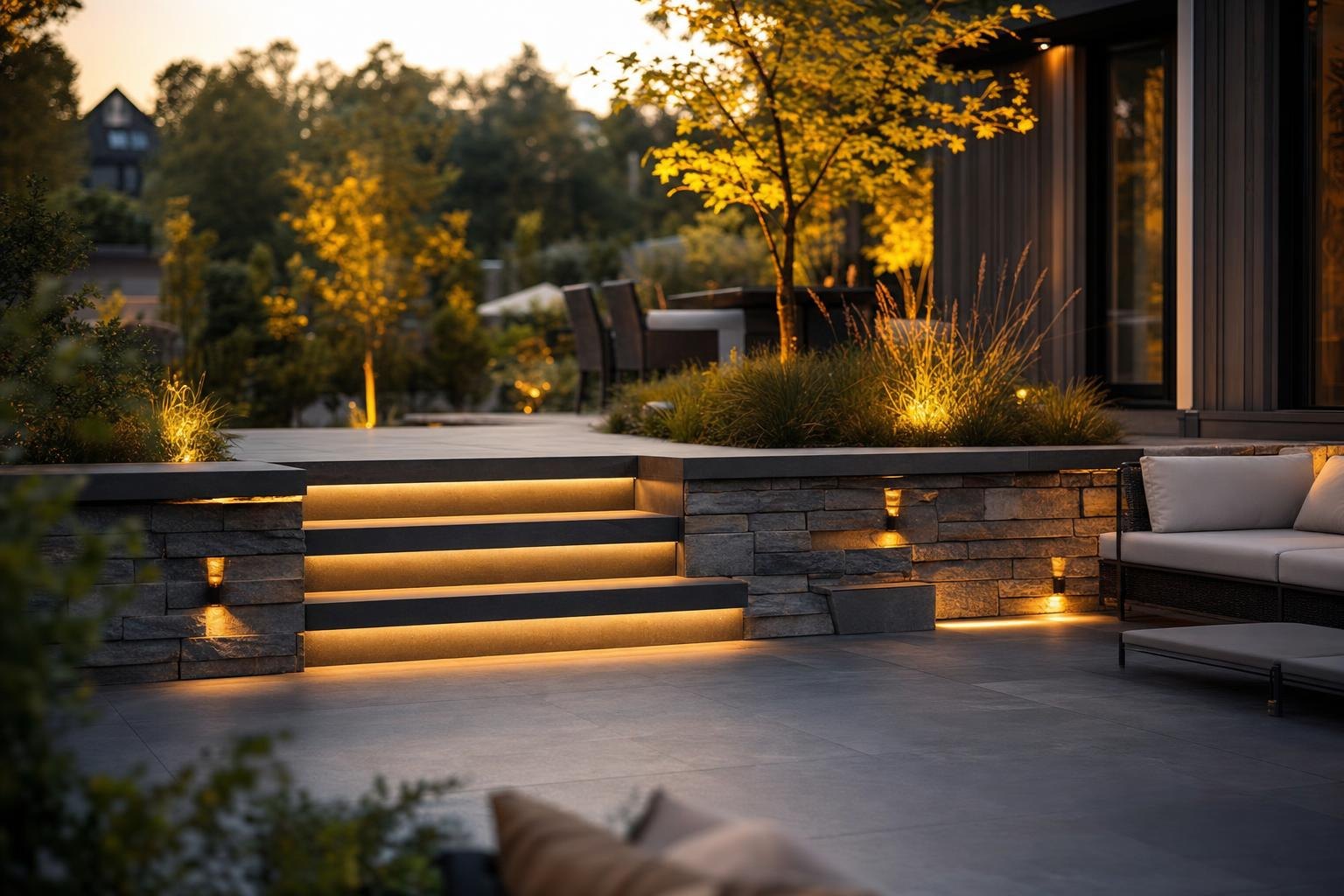 Beleuchtete Terrassenstufen mit Natursteinmauer am Abend