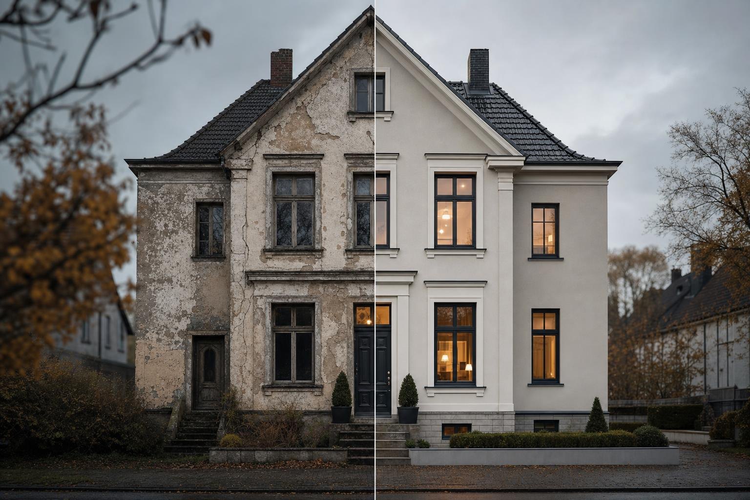 Hausfassade vor und nach der Sanierung im direkten Vergleich