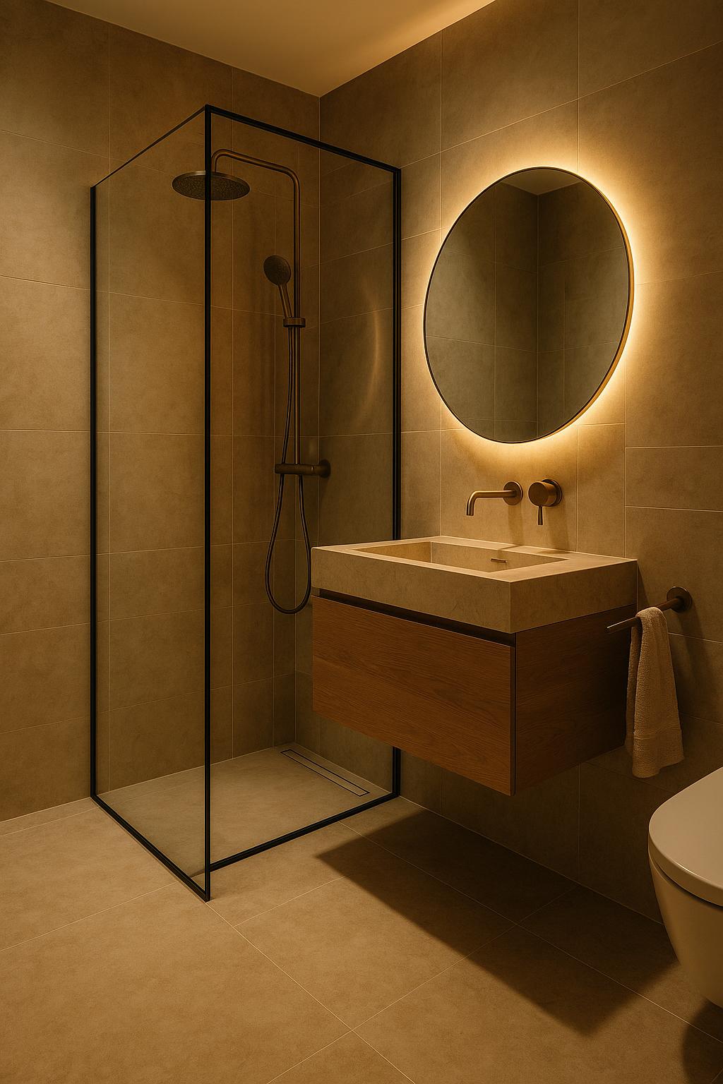 Modernes Bad mit ebenerdiger Walk-in-Dusche und Naturstein-Optik